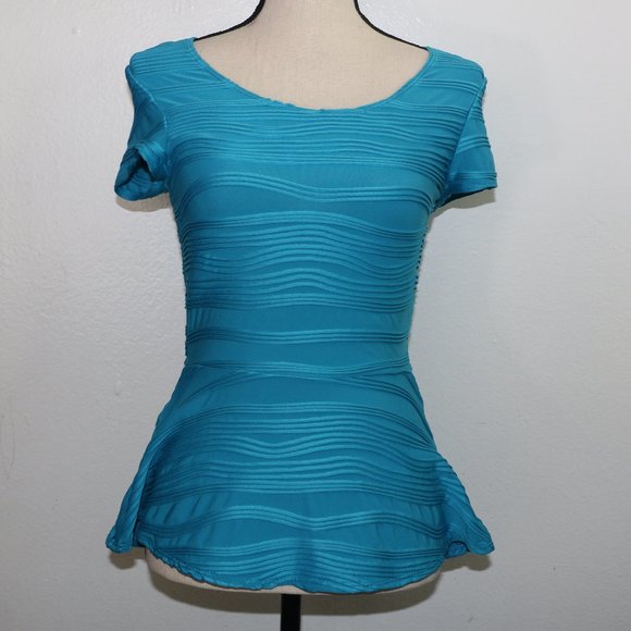 Alloy Apparel Teal Blue Peplum Style Short Sleeve Shirt - 3D Wavy Texture, Size - Picture 1 of 7